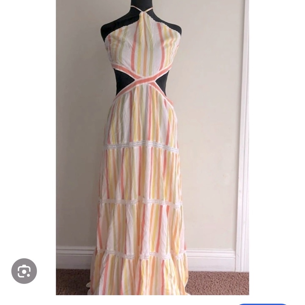 Aerie Yellow and Coral Tiered Halter Sundress